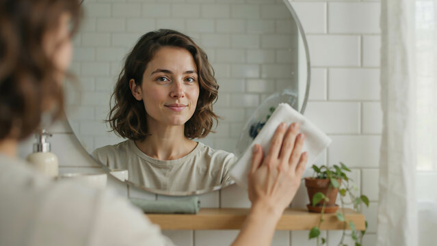 Young Woman Wiping Bathroom Mirror with White Cloth