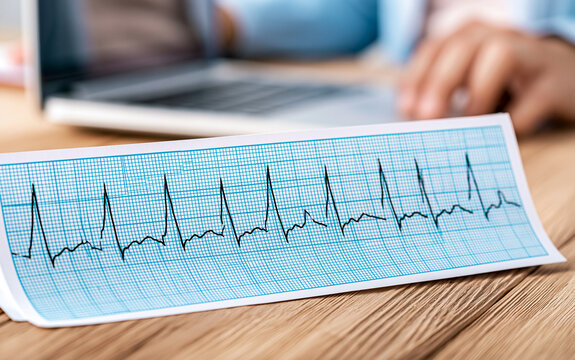 Close up of an electrocardiogram ECG printout showing heart rhythm next to a blurred laptop for medical analysis