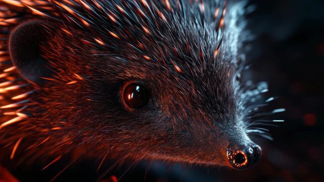 A detailed and colorful shot of a hedgehog's face, illuminated by an unseen source of light that accentuates the texture and details of its fur.