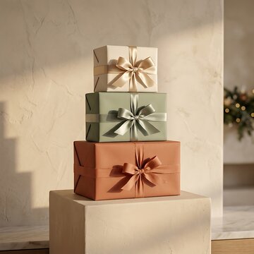 Three stacked gift boxes with leaf on white pedestal stacked boxes leaf autumn leaves