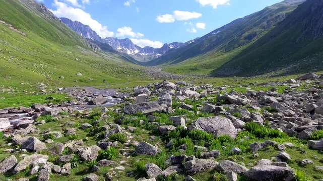 Aerial Kackar Mountains Turkey valley stream and green meadows open across treeless alpine terrain.