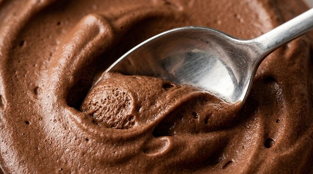 Close-up of velvety chocolate mousse texture with a silver spoon immersed