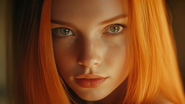 A young woman gazing intently forward with fiery orange hair and captivating eyes.