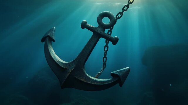 深い海中で巨大な黒鉄のアンカーが太い鎖から吊られ青緑の光芒に輪郭を照らされる