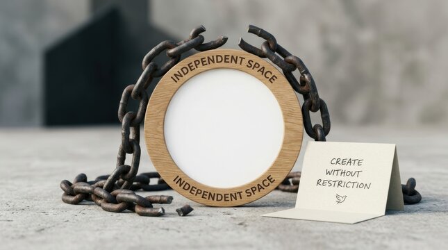 Symbolic wooden circular frame with broken metal chains on concrete background represents liberation and independence for creative projects and freedom from restrictions in modern