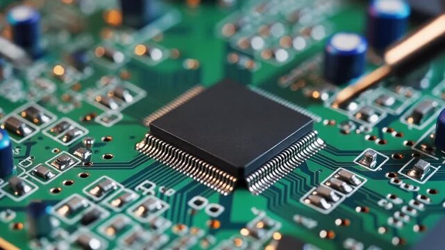 緑の電子回路基板上で二本の金属製はんだごてが黒いICチップへ接近する精密作業