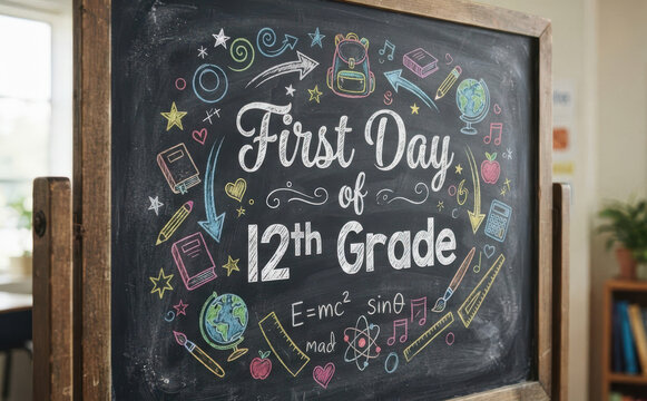 Chalkboard sign for the first day of 12th grade with colorful drawings of school supplies, books, and science formulas for senior year education concepts