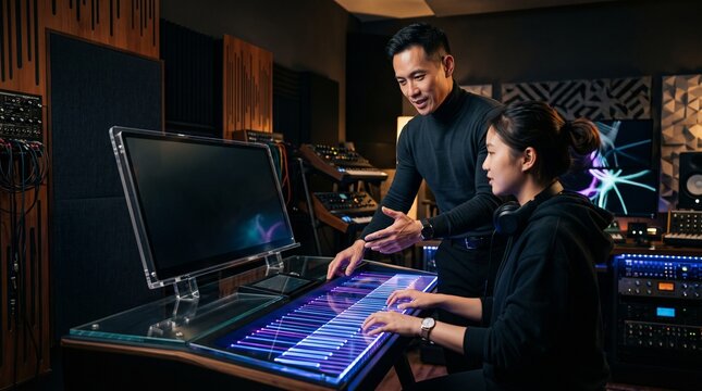 Music instructor teaching student how to play a digital piano in studi