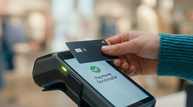 Hand holding card over payment terminal