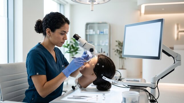 Woman attaching brain-computer interface to a mannequin head in lab