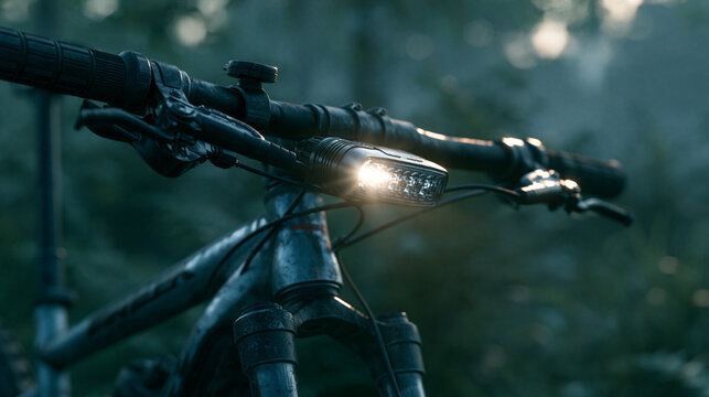 Bright bicycle headlamp illuminates dark misty forest trail during an evening ride on a mountain bike