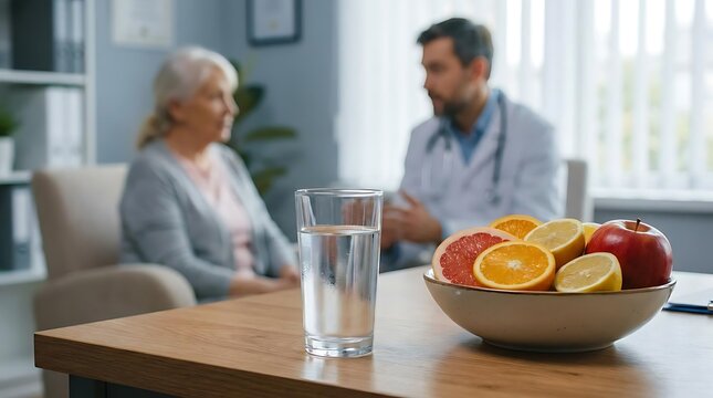 Fresh fruit and water on table in medical office