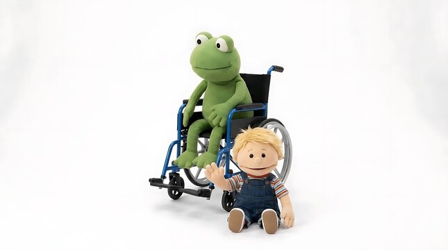 Frog puppet in wheelchair and boy toy
