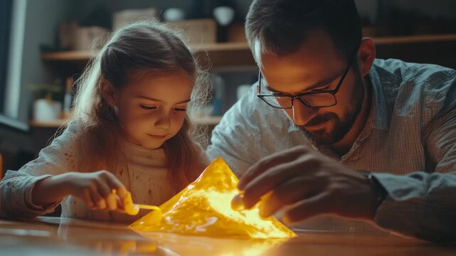 A man and a young girl examining a small, controlled flame together in a lab setting.