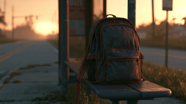 Sturdy grey backpack rests silently upon a public transit bench during a calm golden sunrise morning