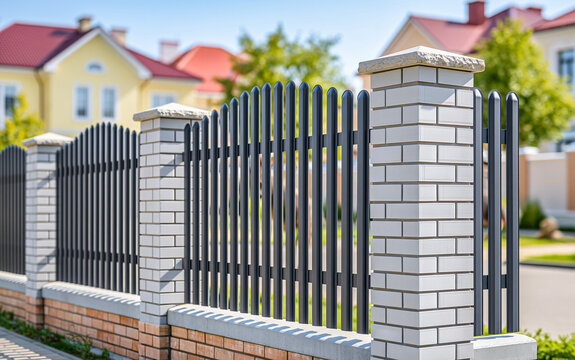 Modern black metal fence with brick pillars borders a residential street lined with colorful houses under bright sunlight.