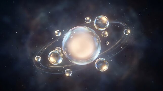 Glowing spheres orbiting in cosmic space