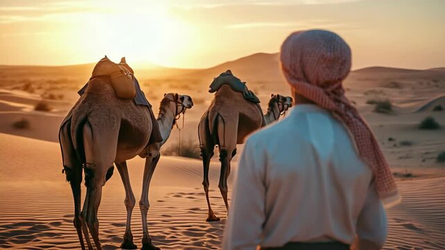 A person in traditional desert attire leading a camel caravan at sunset with sand dunes and warm hues in the background.