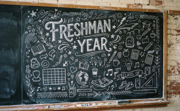Chalkboard with freshman year lettering and school supplies doodles for education and back to school concept