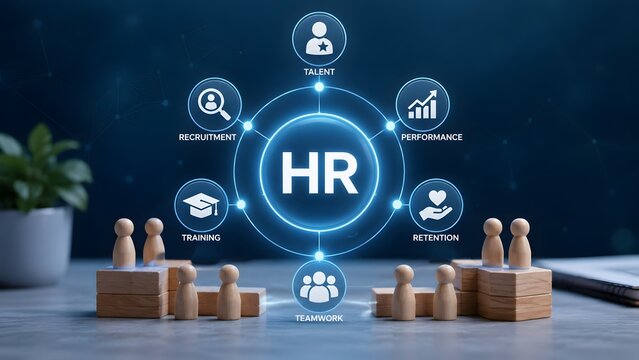 Wooden peg figures with glowing human resources management interface and organizational structure icons representing talent recruitment and team building