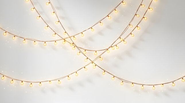 Multiple strands of warm glowing string lights draped in wavy patterns against a light background, creating a festive ambiance.