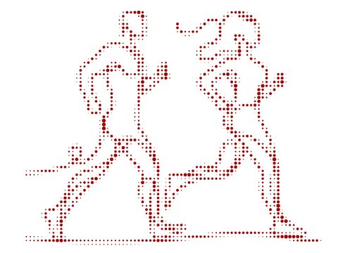 red halftone dot silhouettes of walking man and running woman