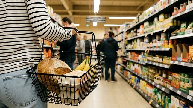 Person walking in grocery store with shopping basket