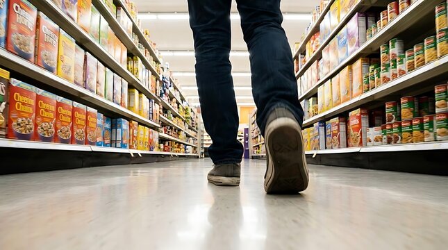 Person walking through supermarket aisle