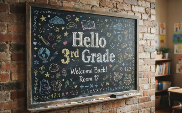 Blackboard with Hello 3rd Grade Welcome Back message and colorful chalk drawings hanging on a brick wall in an elementary school classroom for education concepts