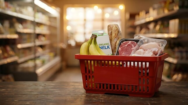 Red shopping basket with grocery items in supermarket