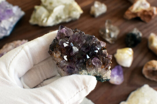 A white-gloved hand holds a druse of purple-brown amethyst with goethite against a background of gemstones.