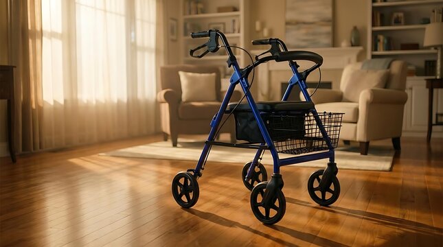 Blue mobility walker in a sunlit living room
