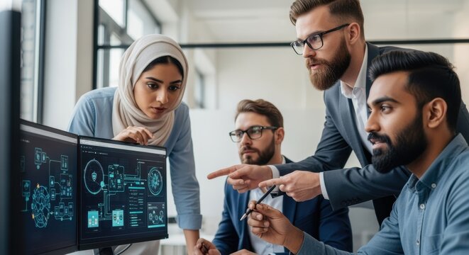 Team of specialists collaborating to implement multilayered supply chain cybersecurity.