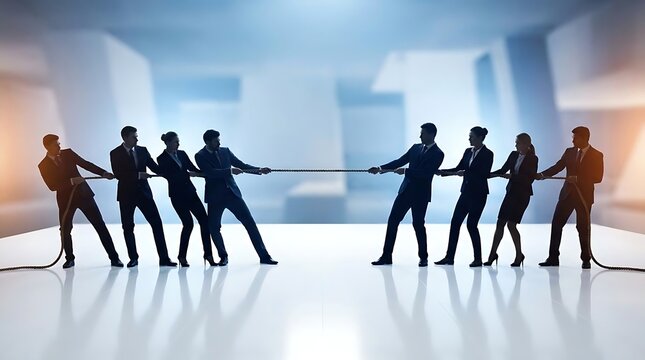 Business professionals competing in tug of war