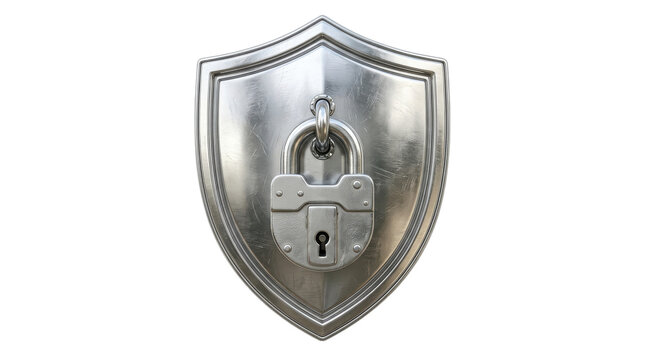 Polished metallic shield secured with vintage padlock, symbolizing protection and safety against cyber threats in a studio setting.