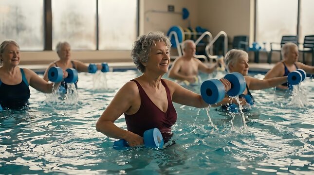 Senior women performing water aerobics in swimming pool