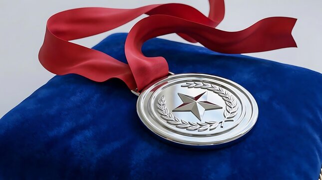 Silver star medal with red ribbon on blue cushion