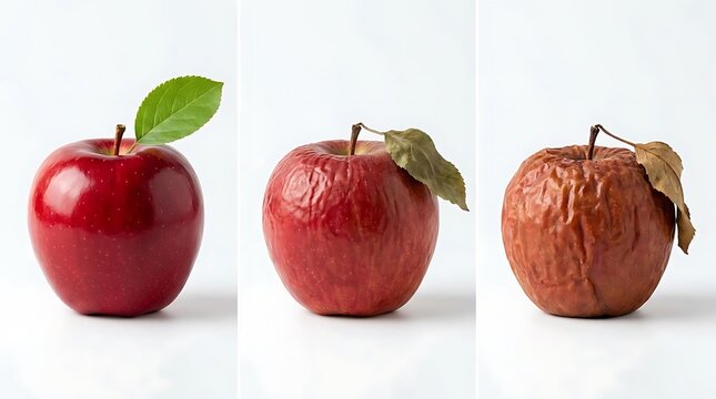 Stages of red apple decay from fresh to rotten