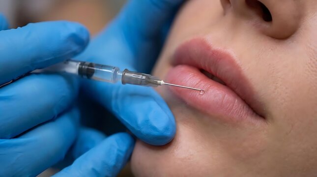 Syringe performing cosmetic lip injection procedure