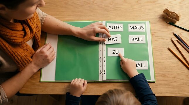 Teacher and child learning with word cards