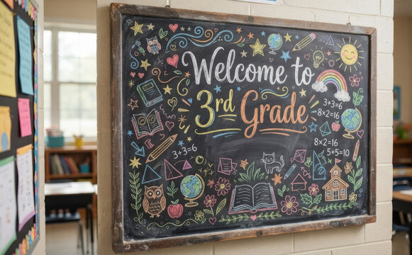 Welcome to 3rd Grade chalkboard sign in an elementary school classroom for education concepts