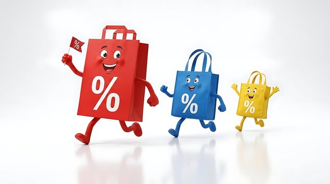 Three colorful shopping bags with percent symbol running
