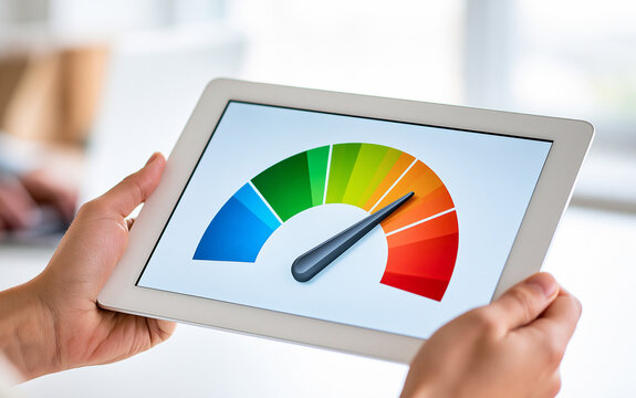Person holding a tablet displaying a colorful gauge chart indicating performance level or status