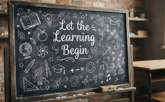 Blackboard with Let the Learning Begin text and educational doodles in a classroom setting