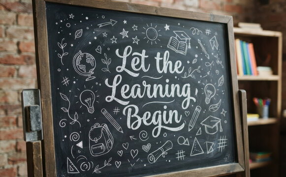 Blackboard with Let the Learning Begin chalk lettering and school icons for education concept
