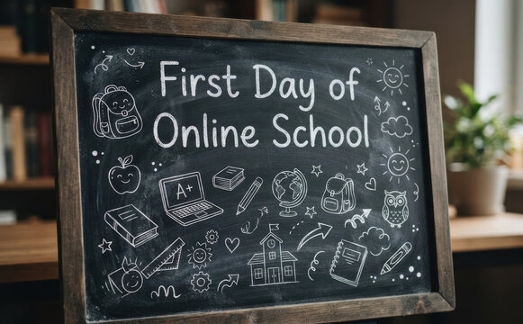 First Day of Online School chalkboard sign with drawings of educational items representing remote learning and education concepts