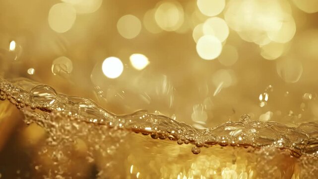 A close-up of water droplets scattered on a shimmering gold surface, creating an elegant and sparkling effect.