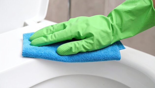 Close-up of hand in green glove cleaning white toilet with blue microfiber cloth