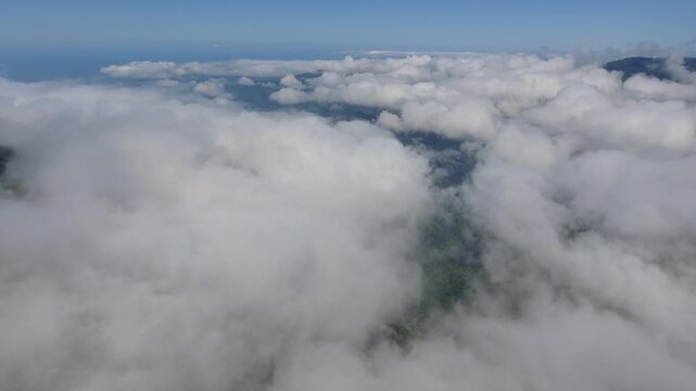 Aerial forested mountains above clouds in the Bolivia Yungas, lush misty highland landscape.