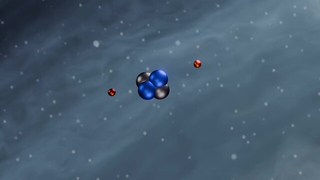 3D animation of a helium atom with a blue nucleus and two red electrons, illustrating atomic structure and particle physics.